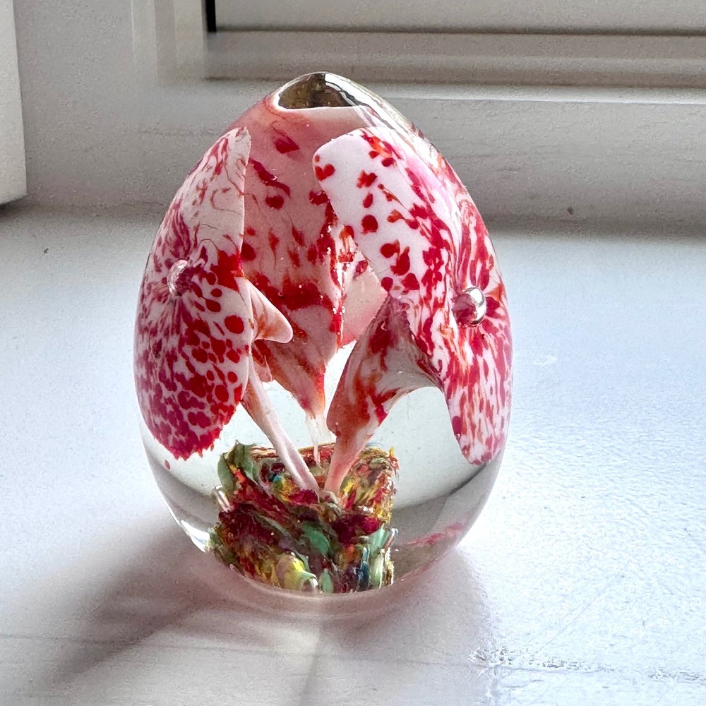 Vintage Tilso‎ Japan Handcrafted Art Glass Paperweight Pink Orchid Flowers 3"